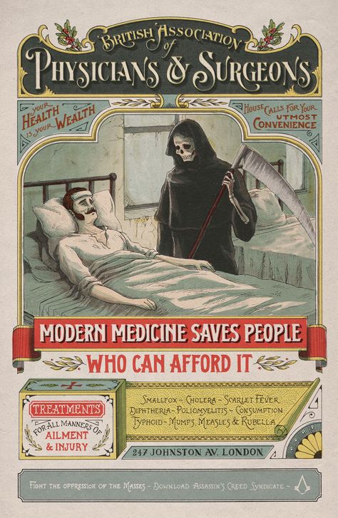 Assassin's Creed Syndicate | Victorian-Style Posters Depicting Injustice and Class Exploitation | Award-winning Illustration for Advertising | D&AD Halloween Postcard, Medical Posters, Assassins Creed Syndicate, Ad Of The World, Old Advertisements, Vintage Medical, Assassin’s Creed, Old Ads, Vintage Labels