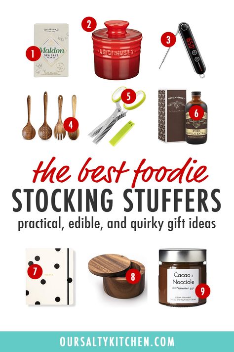 Stocking stuffers for the foodie or home chef in your life! Ideas for everyone from the novice chef to the cook who has everything, plus our favorite edible stocking stuffers and holiday gifts. Find cheap, affordable, fun and practical stocking stuffers for Christmas morning for your favorite person who loves to eat! #stockingstuffers #christmas #holiday #christmasgift #holidaygift Practical Stocking Stuffers, Food Stocking Stuffers, Fun Stocking Stuffers, The Novice Chef, Novice Chef, Romantic Gifts For Him, Stocking Stuffers For Her, Butter Crock, Stocking Stuffer Ideas