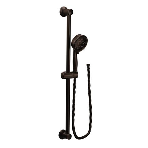 MOEN 4-Spray Eco-Performance Handheld Hand Shower with Slide Bar in Oil Rubbed Bronze-3667EPORB - The Home Depot Shower Bar, Luxurious Showers, Spa Shower, Shower Fixtures, Slide Bar, Minimalist Contemporary, Handheld Shower Head, Shower Kits, Water Pressure