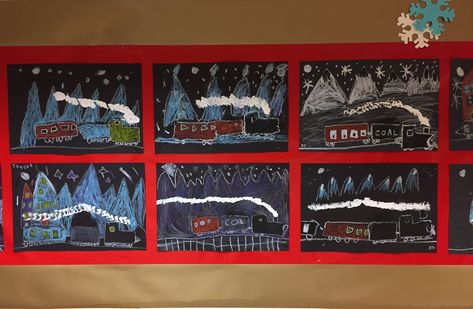 Polar Express trains.  Kindergarten and First Grade.  Oil Pastel and white paint cotton ball puffs of smoke.  Kids loved this! Polar Express Art Projects For Kids, Train Crafts For Kids, Polar Express Art, Polar Bear Express, Train Diy, Polar Express Christmas Party, Diy Kids Crafts, Train Crafts, Christmas Art For Kids