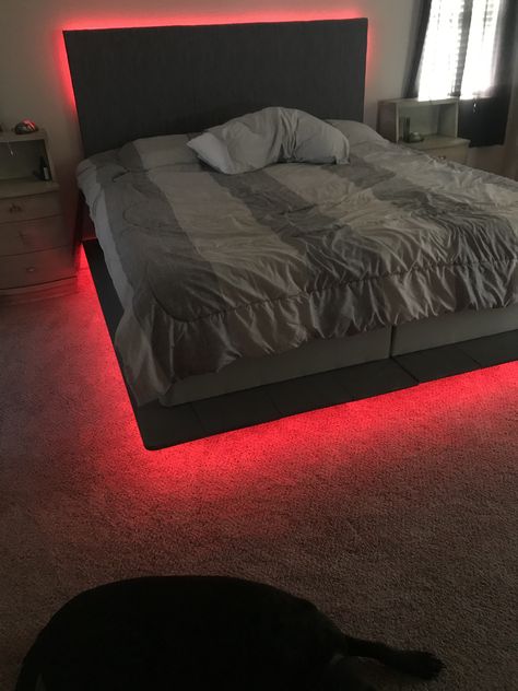 Hypebeast Bed Frame, Bed Frame Lights, Floating Bed Ideas For Small Rooms, Led Lights Bedroom Guys Room, Underbed Led Lights, Dark Small Bedroom Aesthetic, Hypebeast Bedroom Ideas For Men, Men Bed Frame, Minimalist Led Bedroom