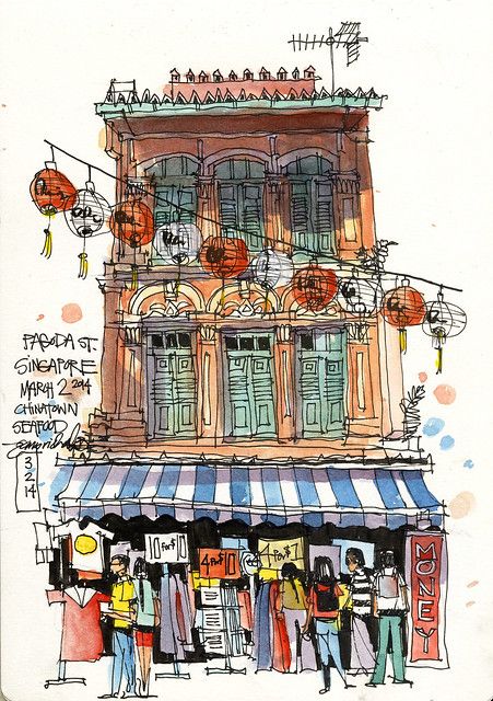 Chinatown shophouse, Singapore | A beautiful shophouse with … | Flickr Singapore Art, Urbane Kunst, Travel Sketchbook, Watercolor Architecture, Travel Sketches, Seni Cat Air, Urban Sketchers, Arte Sketchbook, Watercolor Sketch