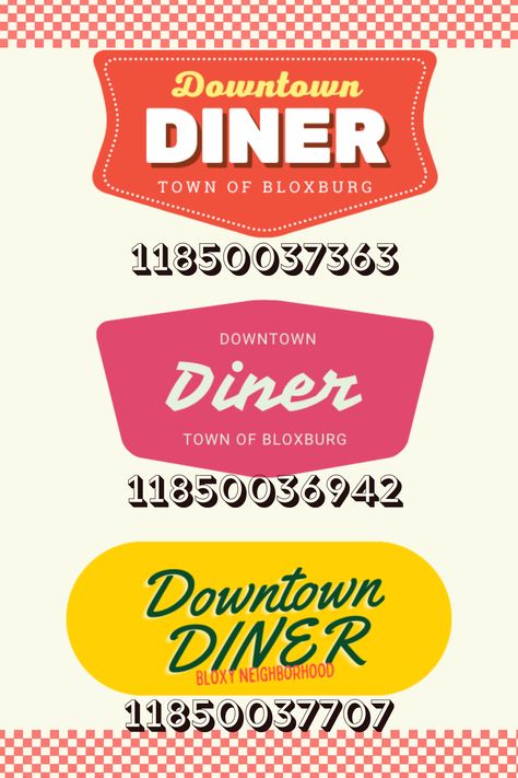 This was a request! Requested by @MyshaOrlando (: Make sure to use the transparent decal object and resize to your liking if you have the option to do so :D Enjoy these diner decals for your bloxburg diner! I also have menus that match these, so check them out! #roblox #bloxburg #decals #bloxburgdecals #bloxburgdiner #bloxburgrestaurant #bloxburglogos Bloxburg Diner, Roblox Bloxburg Decals, Diner Logo, Diner Sign, Bloxburg Decals Codes Aesthetic, School Decal, Blocksburg Room Ideas￼, Diner Restaurant, House Decals