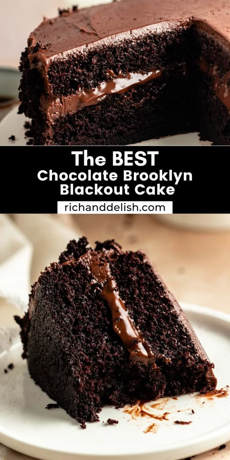 This chocolate Brooklyn blackout cake is a rich chocolate cake that is filled with luxurious chocolate pudding and frosted with chocolate frosting. Brooklyn Blackout Cake, Holiday Recipes Christmas Desserts, Blackout Cake, Pelo Chocolate, Chocolate Pudding Desserts, Choco Cake, Luxurious Chocolate, Chocolate Cake Recipe Easy, Cake Recipes Easy Homemade