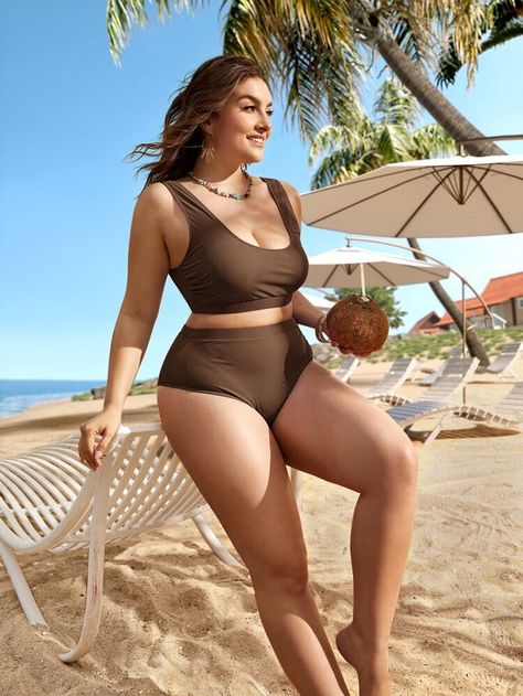 Orange Casual Plain Embellished High Stretch Plus Size Beachwear Plus Size Bade, Beach Outfits Women Plus Size, Curvy Swimwear, Plus Size Swim, Cute Bathing Suits, Moda Plus, Plus Size Swimsuits, High Waist Bottoms, Swimwear Girls