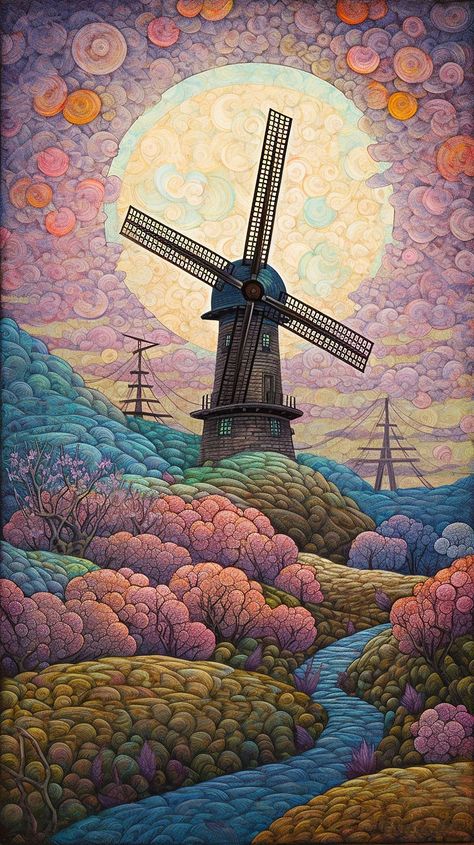 tulip Fields in Holland, windmill, art design, gemaakt van Midjourney Wind Mill Drawing, Mill Drawing, Windmill Drawing, Dutch Windmill, Wind Mill, Dutch House, Dutch Windmills, Landscape Quilts, Tulip Fields