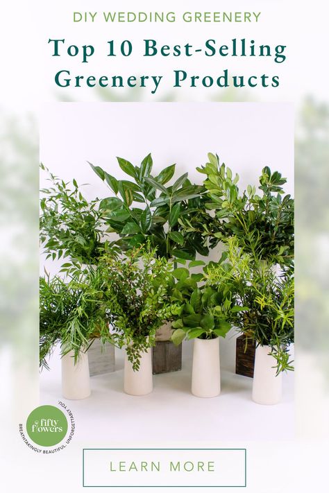 A Blog Graphic That States Top 10 Best-Selling Greenery Products With A Picture Of Greens And A Blurred Background. Diy Wedding Greenery, Wedding Ideas Diy, Eucalyptus Wedding Decor, Bridal Bouquet Ideas, Diy Bridal Bouquet, Greenery Bouquet, Wedding Greenery, Wedding Arch Flowers, Flower Guide