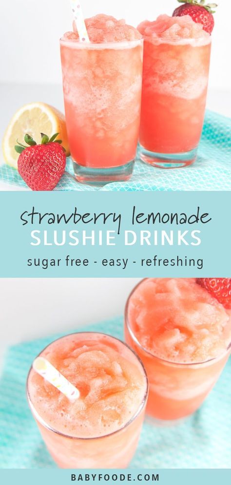 These Strawberry Lemonade Slushies for Toddlers + Kids are a refreshing summer drink that the entire family will enjoy! Made with 5 simple ingredients - lemons, strawberries, honey, ice and water, these slushies will become your new favorite summer drink. #sugarfree #healthydrinks Strawberry Lemonade Slushies, Sugar Free Drink Recipes, Slushy Recipes, Adventurous Recipes, Lemonade Slushies, Sugar Free Drinks, Slushie Recipe, Lemon Drink, Refreshing Summer Drinks