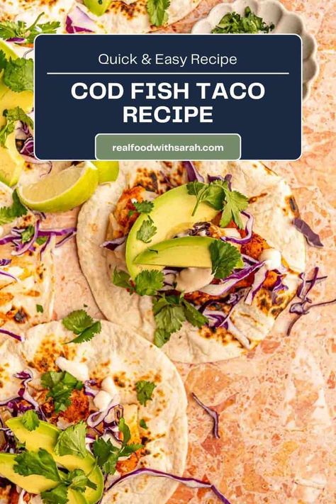 These simple Cod Fish Tacos are anything but, perfectly seasoned and topped with tangy slaw and a spicy creamy sauce. Easy fish tacos made in 15 minutes for a perfect weeknight meal. Fish Tacos Cod, Fish Taco Seasoning, Cod Tacos, Fried Cod Fish, Tangy Slaw, Cod Fish Tacos, Flank Steak Fajitas, Shrimp Tacos Easy, Healthy Taco Recipes