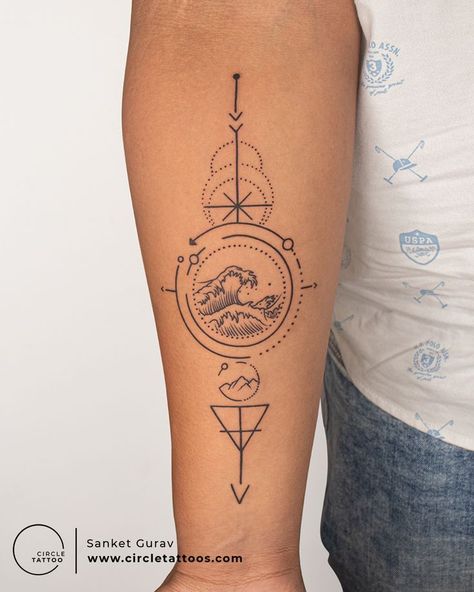 Travel Theme tattoo done by Sanket Gurav at Circle Tattoo Travel Theme Tattoo, Perspective Tattoos, Tattoo Pricing, Bali Tattoo, Women Circle, Travel Tattoos, Circle Tattoo, Circle Tattoos, Tattoo Prices