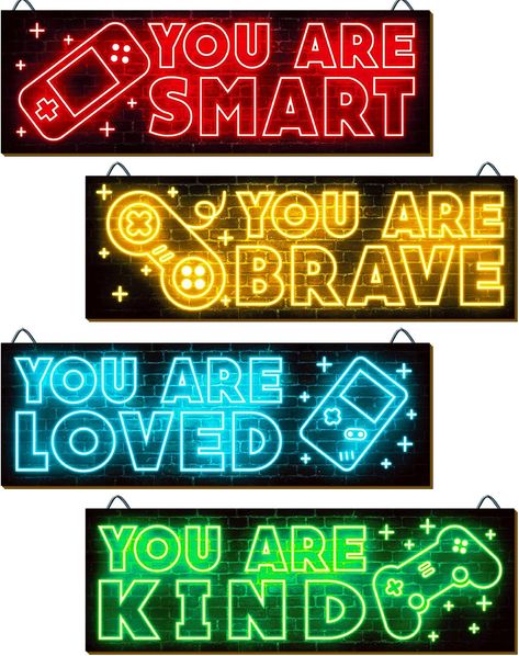 4 Pieces Neon Gaming Decor for Boys Room Wooden Video Game Wall Art Boys Gamer Room, Video Game Wall, Game Wall Art, Video Game Wall Art, Game Wall, Video Game Decor, Fa Fal, Wood Wall Art Decor, Inspirational Quotes Wall Art