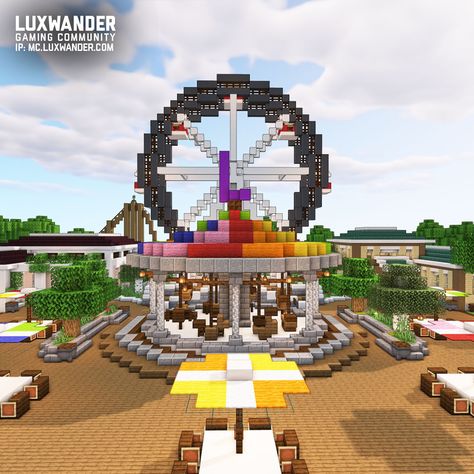 Welcome to part 1 of a new build showcase of LuxTown! This is an amusement park built by Ca5per and other members of the Luxwander community!  👉 Visit this awesome park at /warp LuxLand 👈  ー Would you spend all day at an amusement park like this? Minecraft Merry Go Round, Theme Park Minecraft Ideas, Minecraft Amusement Park Entrance, Minecraft Theme Park Entrance, Minecraft Carousel, Minecraft Carnival Builds, Coding Sites, Minecraft Theme Park, Minecraft Amusement Park