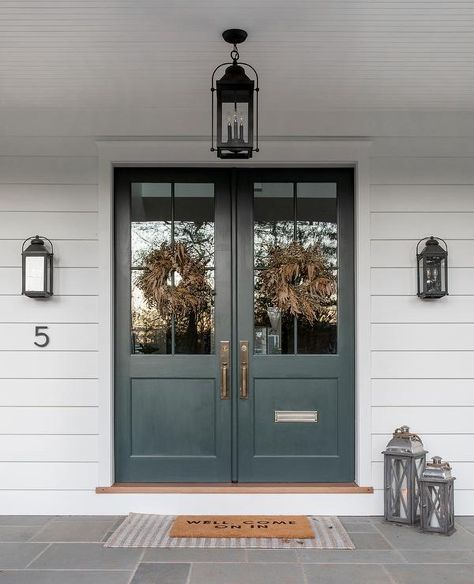 Modern Farmhouse Front Door Entrance, Transitional Home Exterior, Exterior Door Trim, Green Front Door, Yellow Front Doors, Green Front Doors, White Siding, Blue Front Door, Front Door Paint Colors