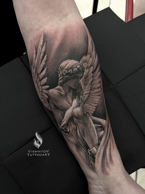 Angel Calf Tattoo Men, Angel Tattoo Black And Grey, Male Guardian Angel Tattoo, Realism Angel Tattoo Designs, Angle Arm Tattoo, Guardian Angel Tattoo Forearm, Angel Leg Sleeve Tattoo, Angel Tattoo Men Leg, Angel Half Sleeve Tattoo Men