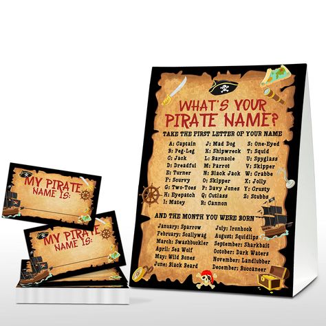 PRICES MAY VARY. 1) Are you planning a pirate party and looking for some entertainment ideas? This "What's Your Pirate Name" game is an adorable addition to the party. 2) Each pack includes 1 standing sign and 30 pcs stickers, adding a joyful atmosphere to the pirate party, giving you an unforgettable party memories in your lifetime! The sufficient quantity and nice combination can meet your party uses and decor needs. 3) The sign is made of 350 grams of coated paper, making the sign thick and h Pirate Name, Kids Pirate Party, Pirate Names, Vintage Pirate, Peter Pan Party, Name Game, Pirate Theme Party, Icebreaker Activities, Games For Boys