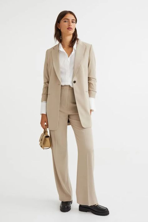 Beige Suit, Woman Suit, Drape Pants, Beige Suits, Wide Trousers, Woman Suit Fashion, Pinstripe Suit, Gathered Sleeves, Fashion Joggers