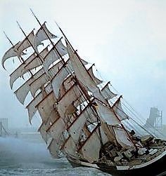 HARD OVER! 'Pamir' a four-masted barque, was one of the famous Flying P-Liner sailing ship. Sail Ships, Navi A Vela, Age Of Sail, Old Sailing Ships, Wind Blowing, Clipper Ship, Pirate Ships, Sailing Vessel, Black Sails