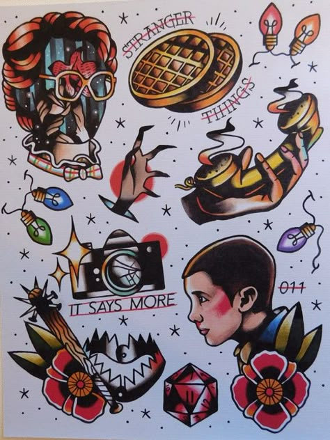 Stranger Things inspired tattoo flash sheet print Stranger Things Tattoo, Stranger Things Costume, Stranger Things Dustin, Traditional Flash, Flash Sheet, Tattoo Flash Sheet, Stranger Things Art, Cast Stranger Things, Stranger Things Aesthetic