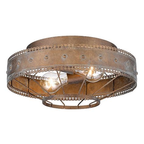 Golden Lighting Ferris Copper Patina Three-Light Flush Mount 7856-FM CP | Bellacor Western House, Full Kitchen Remodel, Decorative Ceiling Lights, Pine Mountain, Airbnb Ideas, Hunting Cabin, Metal Pendant Lamps, Golden Lighting, Cabin House Plans