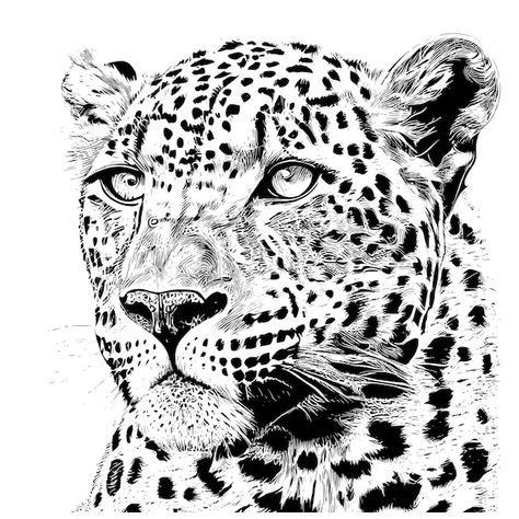 A black and white drawing of a leopard's... | Premium Vector #Freepik #vector #sketch #etching #drawing #cat-sketch Black White Animal Drawing, Black And White Tiger Drawing, Leopard Drawing Sketch, Leopard Sketch, Etching Drawing, Leopard Drawing, Clown Tattoo, Tiger Drawing, Pyrography Patterns