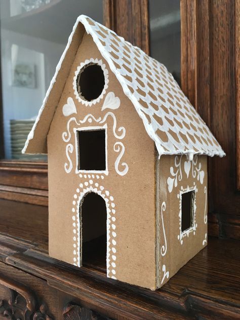 Cardboard Gingerbread Village, Diy Cardboard House, Cardboard Houses For Kids, Cardboard Gingerbread, Cardboard Box Houses, Santa House, Cardboard Gingerbread House, Gingerbread House Patterns, Cardboard Crafts Kids