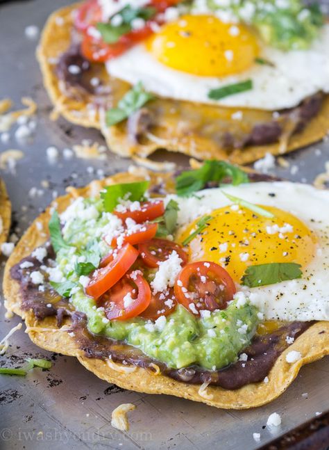 Huevos Rancheros Tostadas with Avocado Salsa Verde Huevos Rancheros Breakfast, Avocado Salsa Verde, Breakfast Tostadas, Avocado Dessert, Avocado Salsa, Breakfast Brunch Recipes, Salsa Verde, Breakfast Time, An Egg