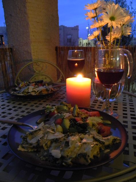 Dinner on the balcony. Spinach & cheese ravioli with fresh pesto sauce, salad and wine. Balcony Dinner Party, Balcony Dinner, Romantic Balcony Dinner For Two, Creamy Sun-dried Tomato And Spinach Ravioli, Spinach And Cheese Ravioli, Balcony Ideas For Rainy Places, Cheese Ravioli, Pesto Sauce, Spinach And Cheese