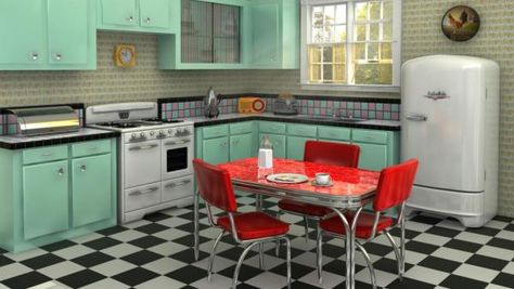 These kitchens prove you can embrace retro without looking tacky 50s Kitchen, Model Dapur, 1950s Decor, 1950s Kitchen, Retro Interior Design, Kabinet Dapur, Deco Retro, Green Cabinets, Retro Interior