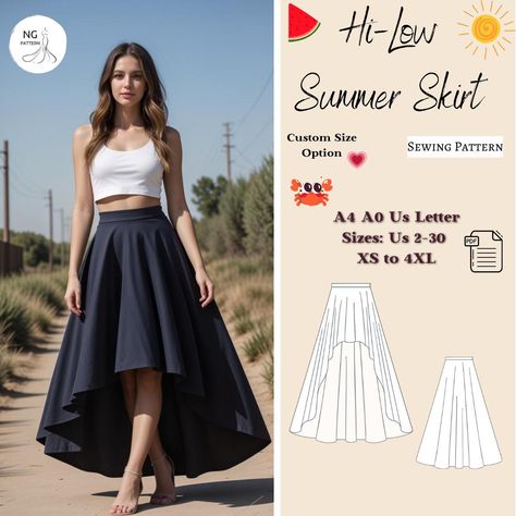 Hi-Low Summer Skirt sewing pattern in PDF format, offering various size options. Size options include US Sizes from 2 to 30 and Standard Sizes from XS to 4XL, suitable for A4, A0, and US Letter size papers. Upon payment processing, receive automatic download links for the pattern files. Note that this is a digital product, not a finished item; you will receive zip files comprising both patterns and sewing instructions. Don't hesitate to contact me with any questions or concerns! Happy Sewing! :) Diy Hi Low Skirt, How To Make A High Low Skirt, 8 Panel Skirt Pattern, Adjustable Skirt Pattern, Simple Skirt Pattern, High Low Skirt Pattern, Asymmetrical Skirt Pattern, High Waist Skirt Pattern, Easy Skirt Pattern