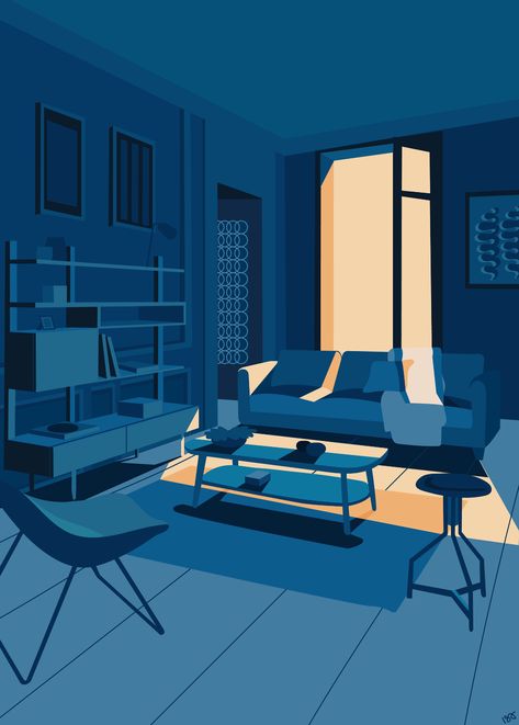 Illustration | Living on Behance Monochromatic Illustration, Monochromatic Living Room, Monochromatic Room, Shadow Illustration, Storyboard Illustration, Graphic Design Infographic, Interior Illustration, Spaceship Design, A Level Art