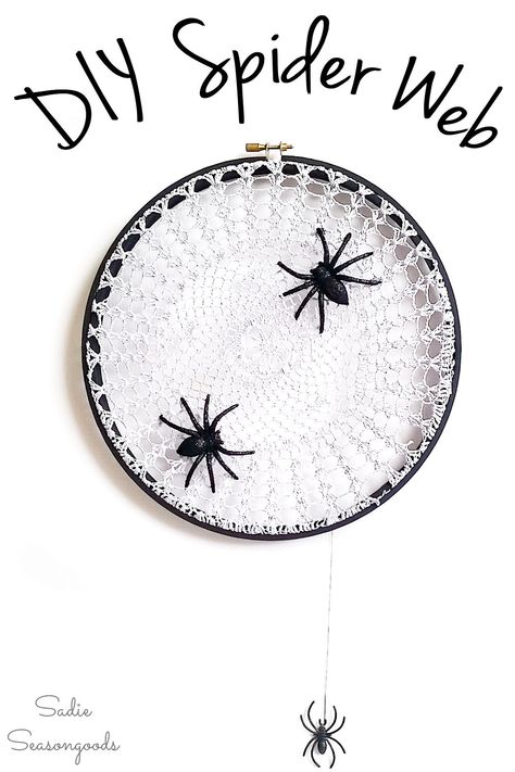 spider web doily Spider Hanging From Web, Spider Web Doily, Spiderweb Decor, Spider Web Decor, Spider Web Decoration, Thrift Store Makeover, Decor For Halloween, Halloween Craft Projects, Creepy Spider