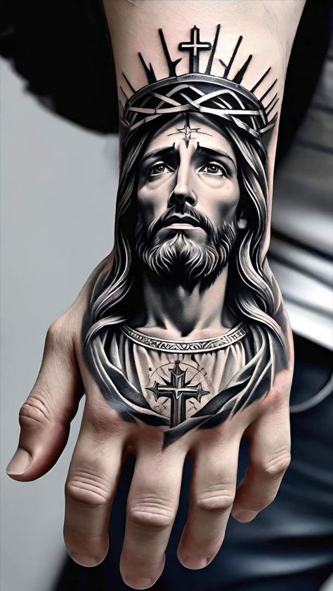 Virgin Mary Hand Tattoo, Hand Tattoo Drawings, Virgin Mary Tattoos, Jesus Hand Tattoo, Tattoos Jesus, Praying Hands Tattoos, Tattoos Bible, Jesus Tattoo Sleeve, Tattoos Faith