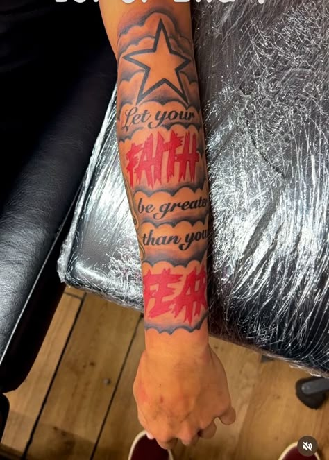 Tattoo With Names For Men Guys, Forearm Tattoos Outer, Nice Forearm Tattoos For Men, Front Forearm Tattoos Men, Let Your Faith Be Bigger Than Your Fear Tattoo Men, Golden Child Tattoo, Hustle And Motivate Tattoo, Forearm Tats Men, Let Your Faith Be Bigger Than Your Fear Tattoo