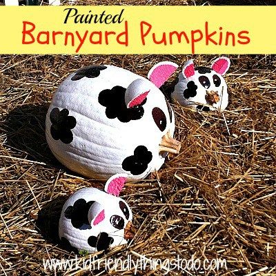 DIY Barnyard Pumpkins! - Kid Friendly Things To Do .com Painted Cow Pumpkin Ideas, Pumpkin Fundraiser, Cow Pumpkin Painting, No Carve Pumpkin Decorating Ideas, Pumpkins Decorations, Pumpkin Cow, Halloween Chandelier, Cow Pumpkin, Decorate Pumpkins