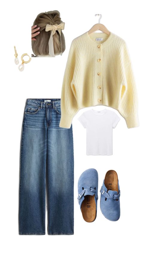 Blue Birkenstocks Outfit, Yellow Cardigan Outfit, Butter Yellow Outfit, Blue Birkenstocks, Yellow Cardigan Outfits, Birkenstocks Outfit, Birkenstock Outfit, Cardigan Outfit, Yellow Cardigan