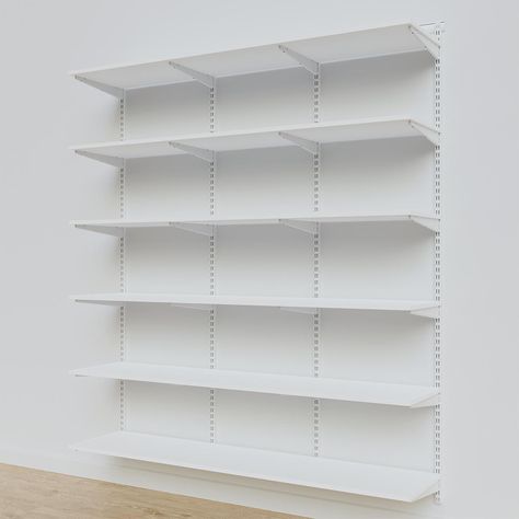 Elfa 6' White Melamine Basic Shelving Units for Anywhere | The Container Store Elfa Drawers, Wall Pantry Ideas, Melamine Shelving, Cheap Bookcase, Entertainment Shelves, Shallow Pantry, White Shelving Unit, Bedroom Pieces, Helmet Storage