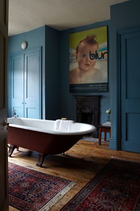 Dix Blue, Free Wallpaper Samples, Wimborne White, Bathroom Blue, Dark Color Palette, Paint And Paper Library, Natural Wood Flooring, Bad Inspiration, Roll Top Bath