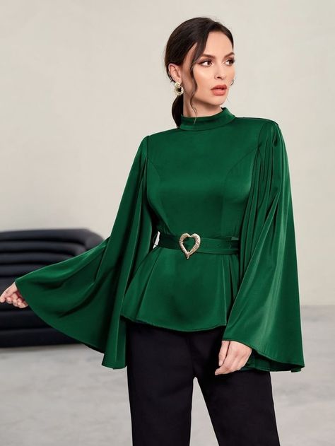 Trumpet Sleeve Blouse, Satin Top Outfit Classy, Pencil Skirt Outfits Casual, New Look Clothes, Satin Outfit, Trumpet Sleeve Top, Ruffled Tops, Long Blouse Designs, Outfit Elegantes