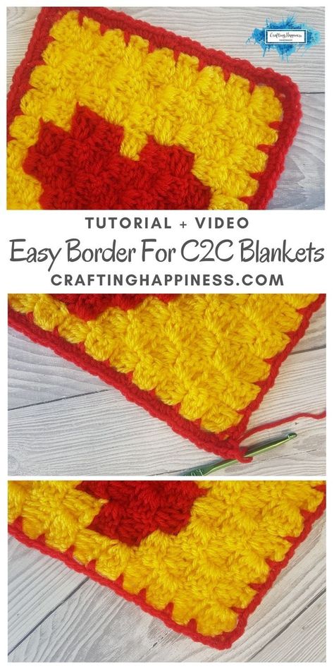 Easy Beginner Border For C2C Blankets with step by step photo tutorial & video for those who are visual learners. Great crochet border for blankets. Crochet tutorial by Crafting Happiness. Easy Crochet Border, Afghan Borders, Crochet Blanket Borders, Crochet Borders For Blankets, Blanket Borders, Crochet Blanket Stitches, Blanket Edging, Crochet Blanket Border, Crochet C2c Pattern