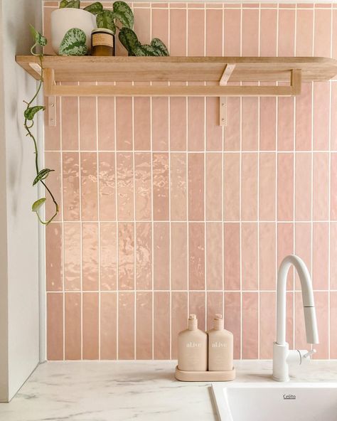 This feature wall stars our Clay range, which is inspired by traditional Zellige style but with a fresh twist! Coming in 48 varying faces,… | Instagram Light Pink Kitchen Tiles, Pink Tiled Kitchen, Pink Tiles Kitchen, Green Aesthetic House, Pink Japandi, Tile Wall Kitchen, Pink And Grey Kitchen, Laneway House, Cookie Shop