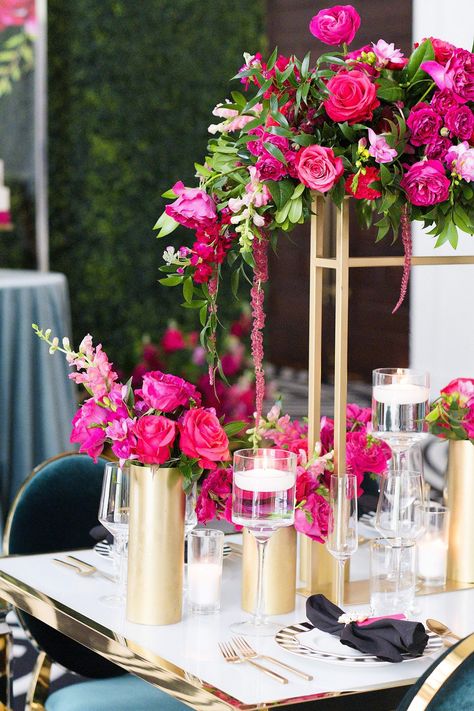 Hot Pink Wedding Flowers Centerpieces, Fuchsia And Gold Wedding, Magenta Flower Centerpieces, Traditional Ceremony Decor, Fuschia Centerpieces, Fuschia And Gold Wedding, Magenta And Gold Wedding, Pink Centerpieces Wedding, Pink And Gold Wedding Theme