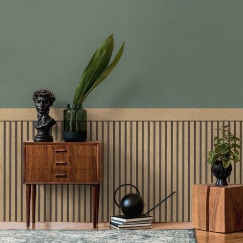 Two Tone Walls, Wood Effect Wallpaper, Photography Studio Design, Panel Walls, Panel Wallpaper, Narrow Rooms, House Vibes, Office Inspo, Wood Panel Walls