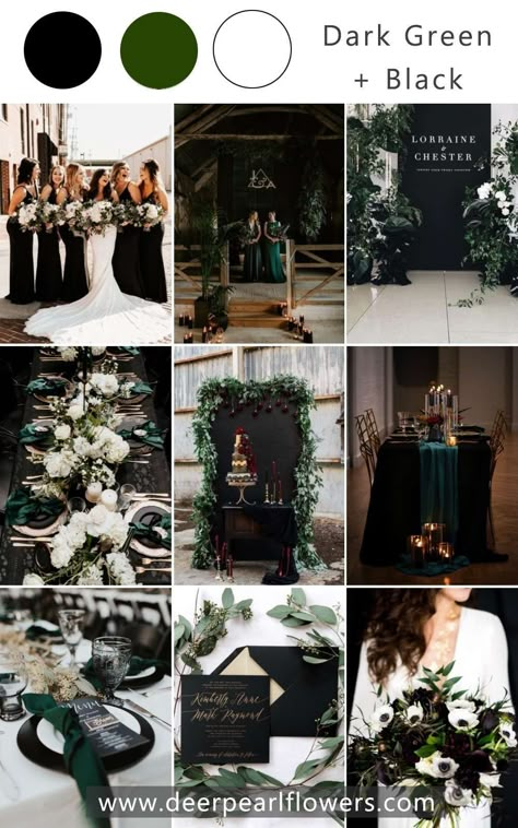 Green Wedding Scheme, Wedding Color Themes, Emerald Wedding Colors, Emerald Green Wedding Theme, Dark Romantic Wedding, Forest Green Wedding, Wedding Theme Color Schemes, Green And White Wedding, Dark Green Wedding