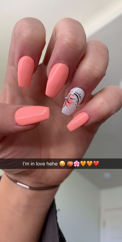 peach nails Peach Flower Nails, Peach Nails With Flowers, Peach Color Nails Designs Coral, Peach Nails With Designs Summer, Short Coffin Nails Designs Summer, Uñas Color Salmon, Summer Nails Peach, Summer Peach Nails, Summer Flower Nail Designs