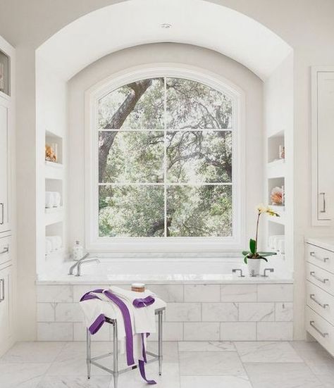 All White Bathroom, Drop In Tub, Bathroom Design Trends, Bath Tiles, Tub Surround, Bathroom Windows, Bad Design, Arched Windows, Contemporary Interior Design