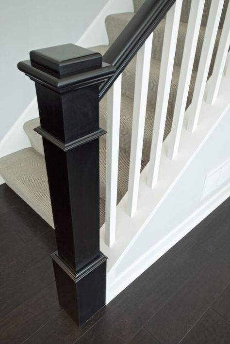 White, black, gray. I'm liking this more and more. Bannister Ideas, Banister Ideas, Banister Remodel, Stair Newel Post, Black Stairs, Stair Banister, White Stairs, Stair Makeover, Stair Railing Design