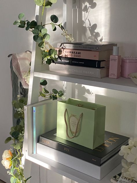 Sage Green Coquette Room, Coquette Green Room, Coquette Room Green, Green Coquette Bedroom, Green And Pink Aesthetic Room, Pink Green Room Aesthetic, Green Girly Things, Green Coquette Room, Coquette Shelf