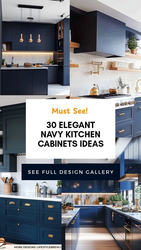 Explore these 30 stunning navy kitchen cabinet ideas that elevate any kitchen style with sophistication and charm. From modern minimalist to classic designs, navy cabinetry can create a rich and inviting atmosphere. Whether you're updating your kitchen or planning a brand-new look, you'll discover the timeless allure of navy tones. We'll guide you through chic combinations, trendy configurations, and brilliant accents that all work beautifully with navy. Transform your kitchen into a space that radiates warmth and elegance while making a practical design choice. Navy Cabinets With Silver Hardware, Grey Countertops Blue Cabinets, Navy Kitchen Gold Handles, Navy Blue Kitchen Cabinets With Dark Floors, Indigo Cabinets Kitchen, Walnut And Navy Kitchen, Blue Note Kitchen Cabinets, Navy Blue Lower Kitchen Cabinets, Navy Lower Cabinets Wood Upper