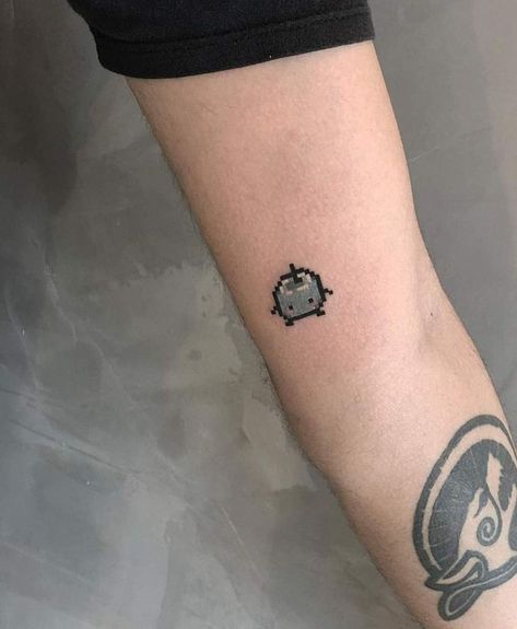 Small Gamer Tattoo Ideas, Small Dsmp Tattoo Ideas, Cute Gamer Tattoos, Cute Minecraft Tattoo, Junimo Tattoo Stardew Valley, Gamer Matching Tattoos, Video Game Matching Tattoos, Gaming Matching Tattoos, Simple Minecraft Tattoo