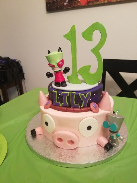 Invader Zim Cupcakes, Invader Zim Birthday Cake, Invader Zim Party, Invader Zim Birthday Party, Invader Zim Cake, Scene Birthday Party, Diy Crafts Bookmarks, Scene Kids, Pretty Birthday Cakes